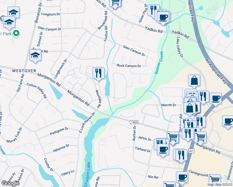 map of restaurants, bars, coffee shops, grocery stores, and more near 357 Waterdown Drive in Fayetteville