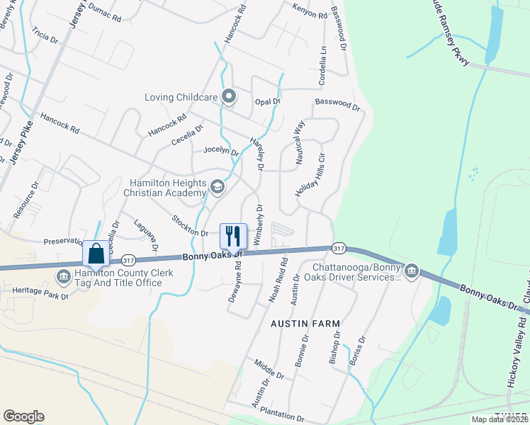 map of restaurants, bars, coffee shops, grocery stores, and more near 6375 Bonny Oaks Drive in Chattanooga