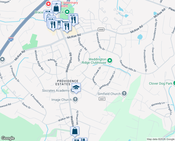 map of restaurants, bars, coffee shops, grocery stores, and more near 3930 Cameron Creek Drive in Matthews