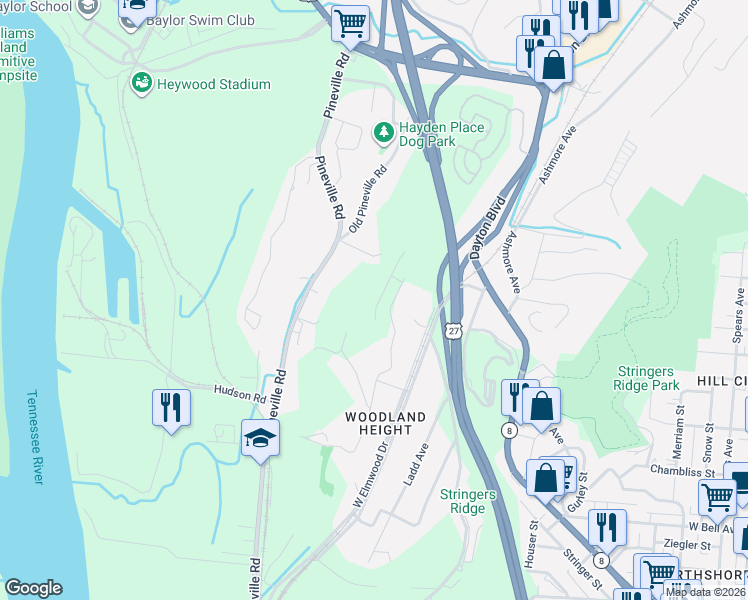 map of restaurants, bars, coffee shops, grocery stores, and more near 1021 Beason Drive in Chattanooga