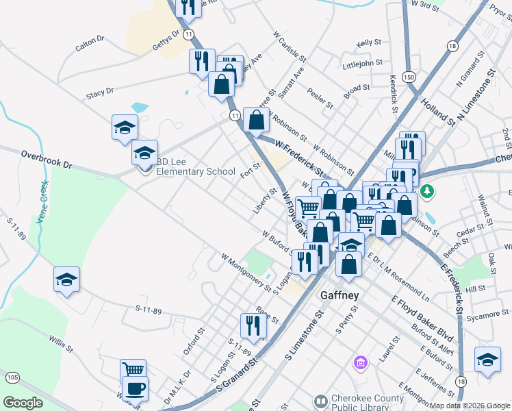 map of restaurants, bars, coffee shops, grocery stores, and more near 602 West Buford Street in Gaffney