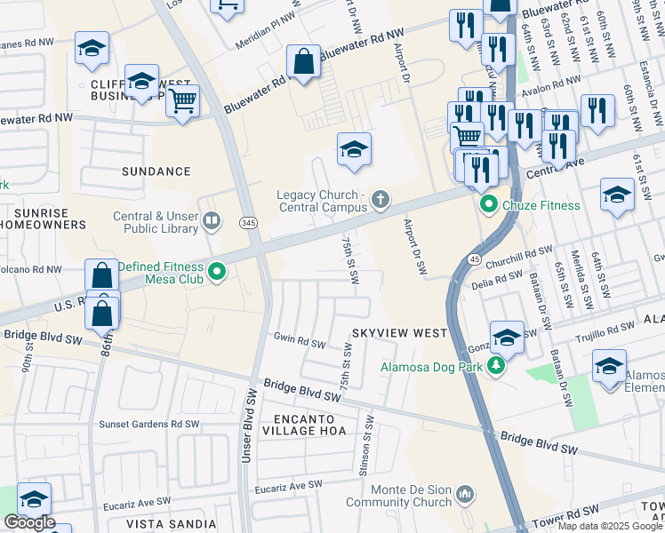map of restaurants, bars, coffee shops, grocery stores, and more near 7600 Central Avenue Southwest in Albuquerque