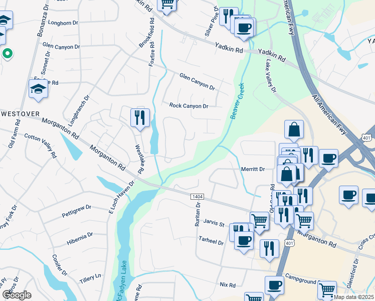 map of restaurants, bars, coffee shops, grocery stores, and more near 309 Waterdown Drive in Fayetteville