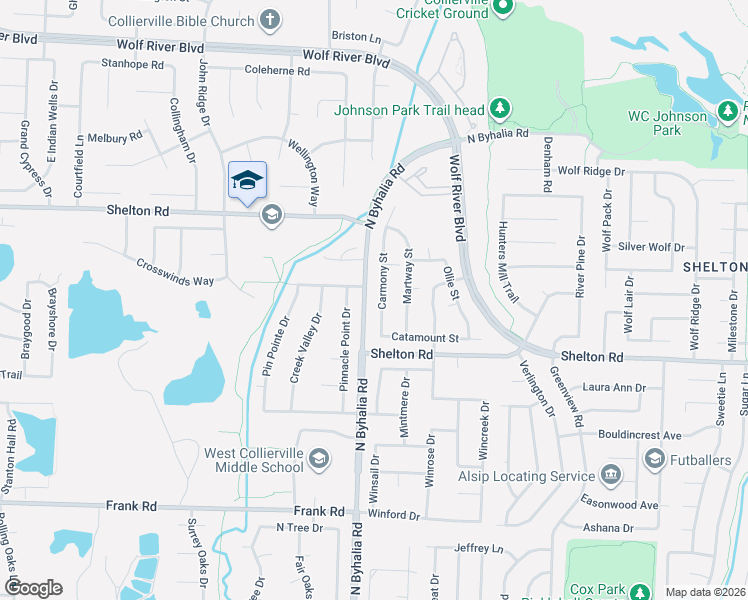 map of restaurants, bars, coffee shops, grocery stores, and more near 1317 Carmony Street in Collierville
