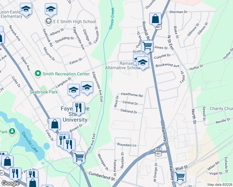 map of restaurants, bars, coffee shops, grocery stores, and more near 1200-1298 West Drive in Fayetteville