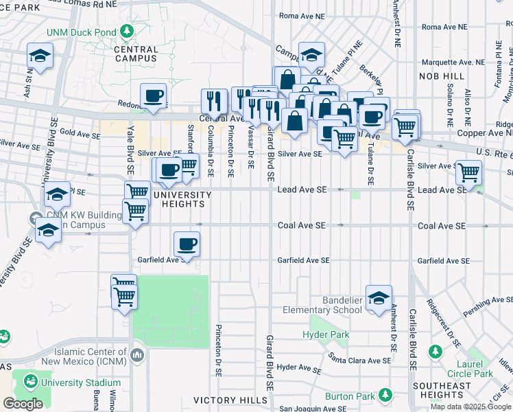 map of restaurants, bars, coffee shops, grocery stores, and more near 320 Vassar Drive Southeast in Albuquerque