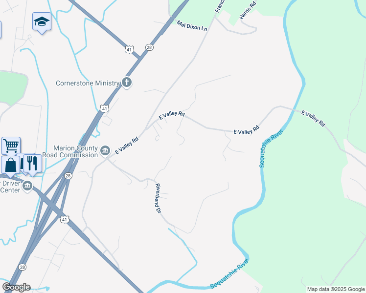map of restaurants, bars, coffee shops, grocery stores, and more near 360 Acuff Road in Jasper