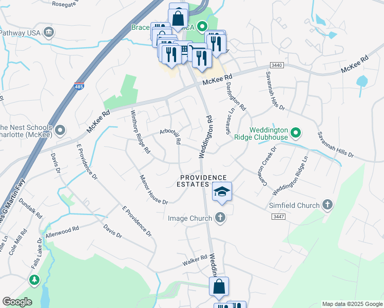 map of restaurants, bars, coffee shops, grocery stores, and more near 2329 Winthorp Ridge Road in Charlotte
