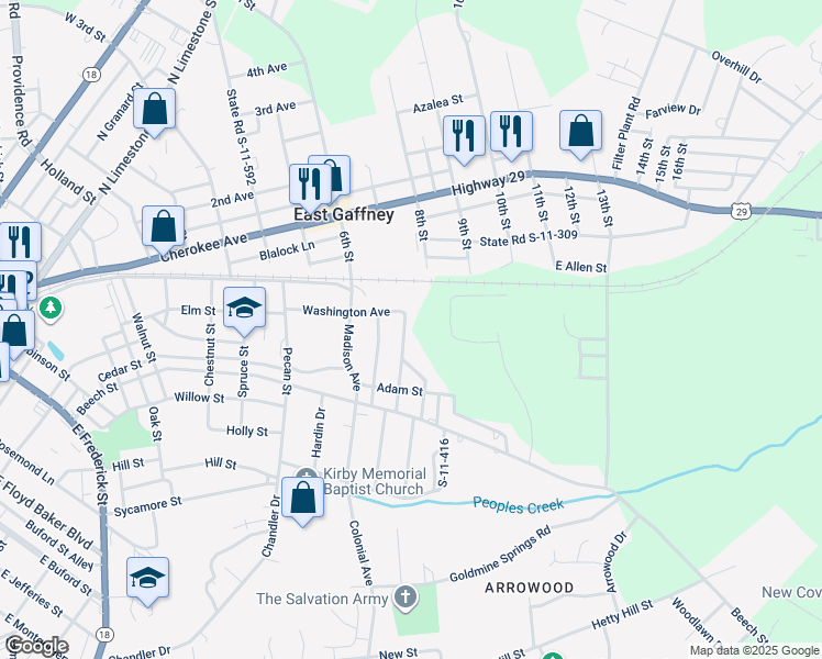 map of restaurants, bars, coffee shops, grocery stores, and more near 308 Jackson Street in Gaffney