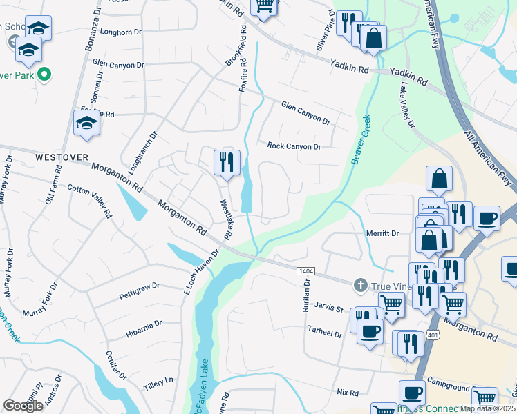 map of restaurants, bars, coffee shops, grocery stores, and more near 201 Waterdown Drive in Fayetteville