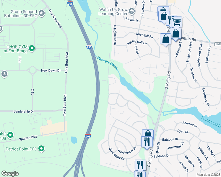 map of restaurants, bars, coffee shops, grocery stores, and more near 938 Stewarts Creek Drive in Fayetteville