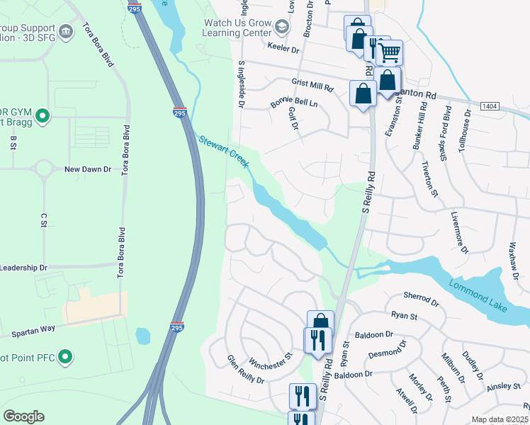 map of restaurants, bars, coffee shops, grocery stores, and more near 6780 Willowbrook Drive in Fayetteville
