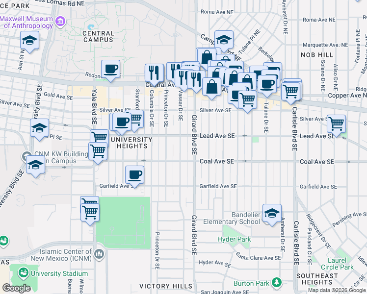 map of restaurants, bars, coffee shops, grocery stores, and more near 312 Vassar Drive Southeast in Albuquerque