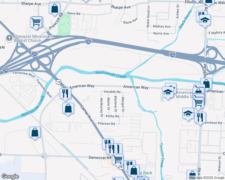 map of restaurants, bars, coffee shops, grocery stores, and more near 2665 Marlene Street in Memphis