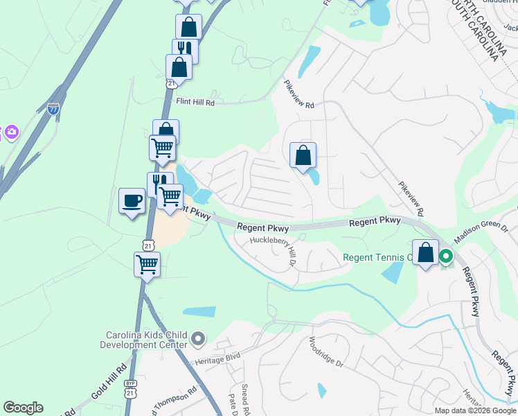 map of restaurants, bars, coffee shops, grocery stores, and more near 7211 Westerleigh Road in Fort Mill