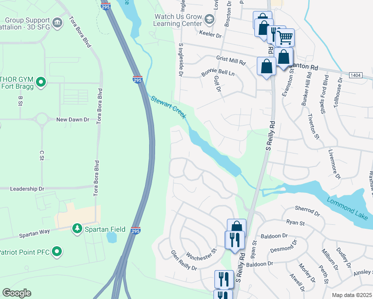 map of restaurants, bars, coffee shops, grocery stores, and more near 6772 Willowbrook Drive in Fayetteville
