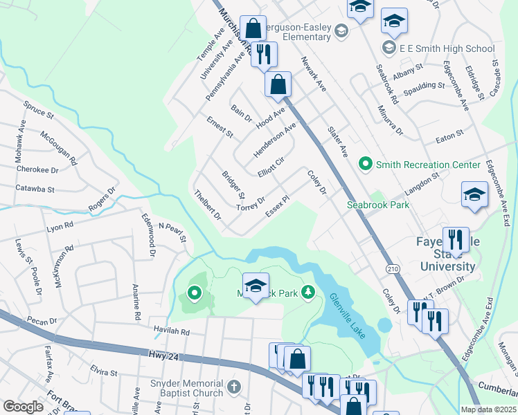 map of restaurants, bars, coffee shops, grocery stores, and more near 1255 Torrey Drive in Fayetteville