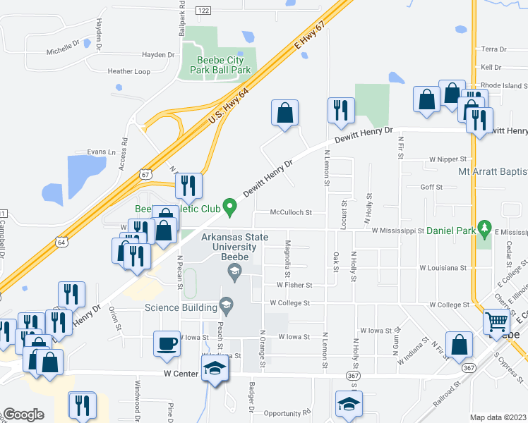 map of restaurants, bars, coffee shops, grocery stores, and more near 902 McCulloch Street in Beebe