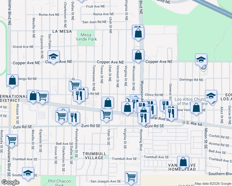 map of restaurants, bars, coffee shops, grocery stores, and more near 141 Vermont Street Northeast in Albuquerque