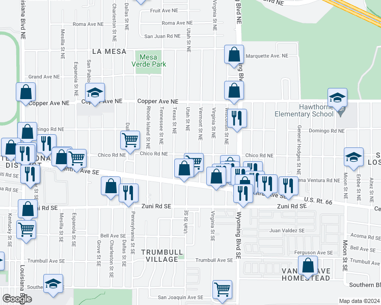 map of restaurants, bars, coffee shops, grocery stores, and more near 141 Vermont Street Northeast in Albuquerque
