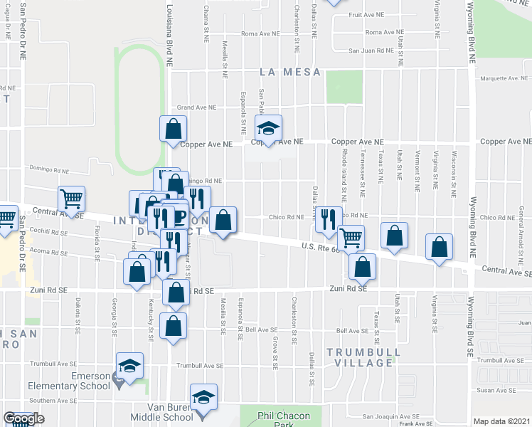 map of restaurants, bars, coffee shops, grocery stores, and more near 206 San Pablo Street Northeast in Albuquerque