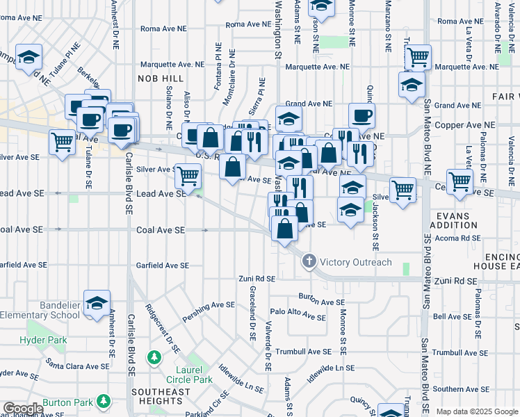 map of restaurants, bars, coffee shops, grocery stores, and more near 340 Valverde Drive Southeast in Albuquerque