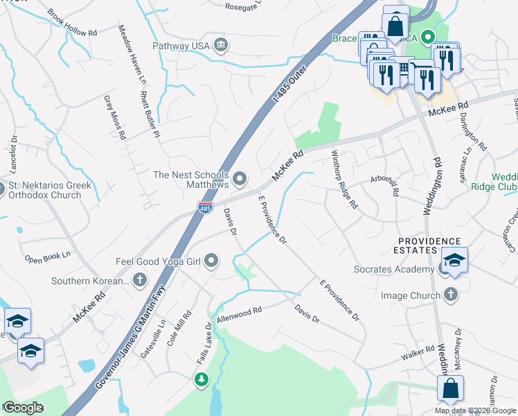map of restaurants, bars, coffee shops, grocery stores, and more near 1912 East Providence Drive in Charlotte