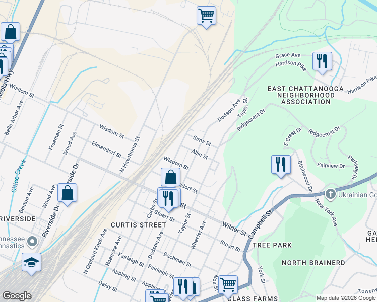 map of restaurants, bars, coffee shops, grocery stores, and more near 3308 Dodson Avenue in Chattanooga