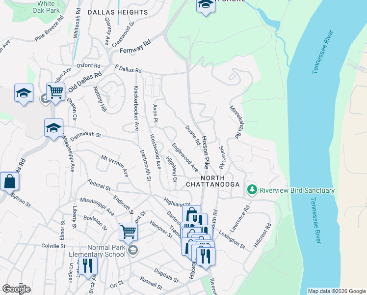 map of restaurants, bars, coffee shops, grocery stores, and more near 1043 Englewood Avenue in Chattanooga