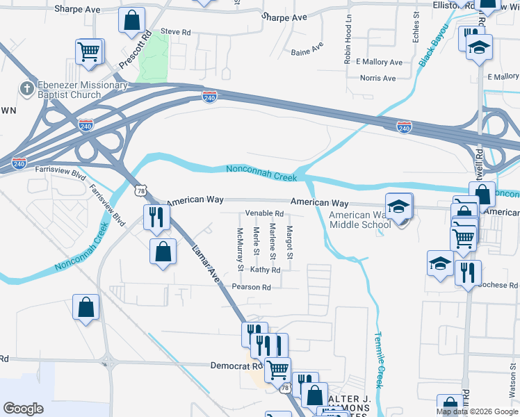 map of restaurants, bars, coffee shops, grocery stores, and more near 2665 Marlene Street in Memphis