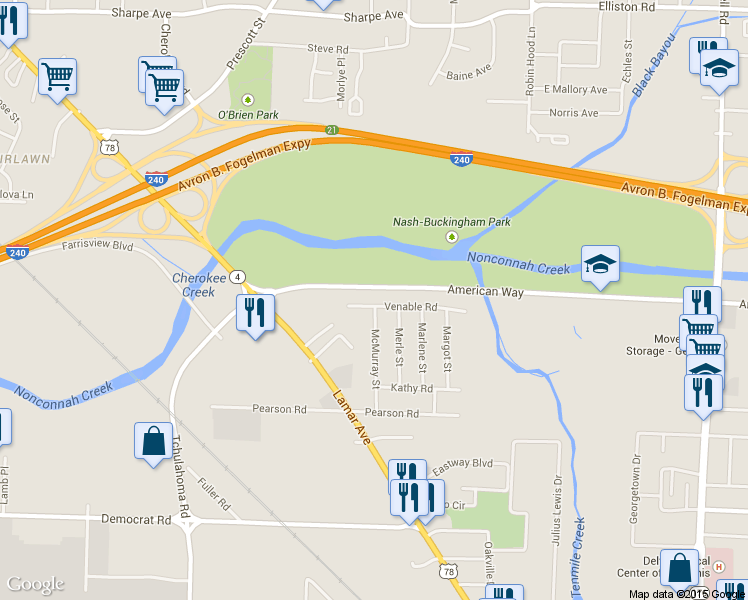 map of restaurants, bars, coffee shops, grocery stores, and more near 3525 Venable Road in Memphis
