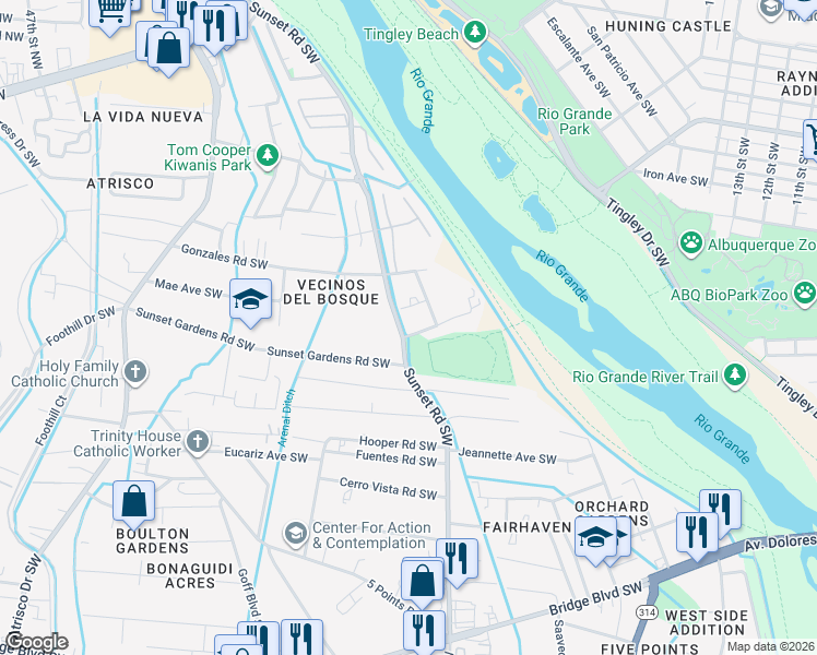 map of restaurants, bars, coffee shops, grocery stores, and more near 1419 Neetsie Drive Southwest in Albuquerque