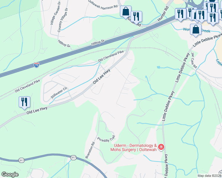 map of restaurants, bars, coffee shops, grocery stores, and more near 5519 Nations Road in Ooltewah