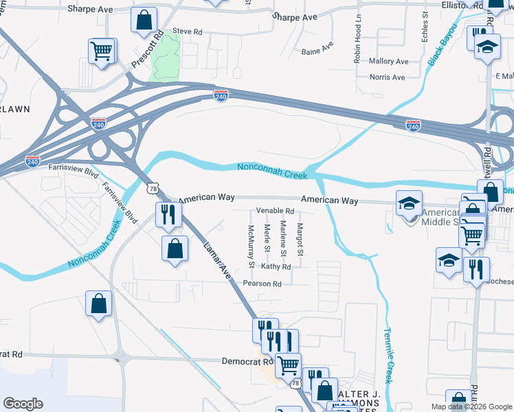 map of restaurants, bars, coffee shops, grocery stores, and more near 3530 Venable Road in Memphis
