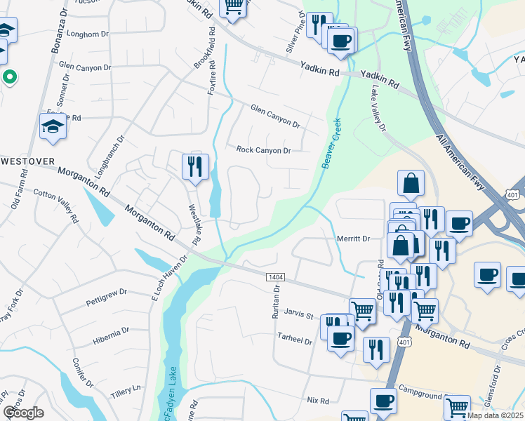 map of restaurants, bars, coffee shops, grocery stores, and more near 309 Waterdown Drive in Fayetteville