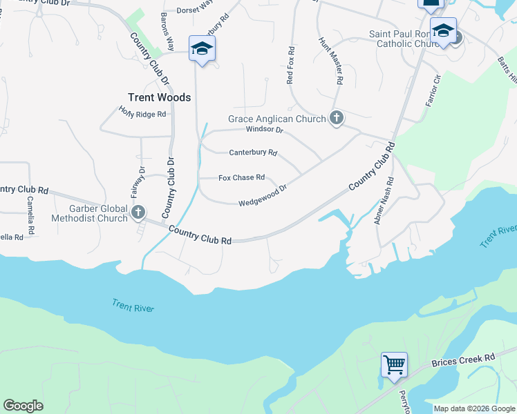 map of restaurants, bars, coffee shops, grocery stores, and more near 3602 Country Club Rd in Trent Woods