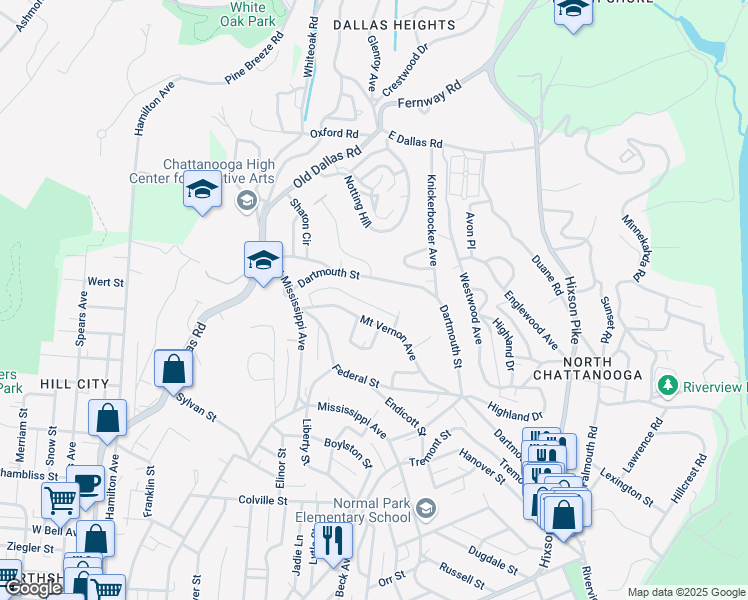 map of restaurants, bars, coffee shops, grocery stores, and more near 801 Clarendon Street in Chattanooga