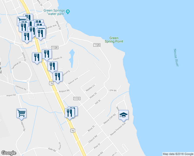 map of restaurants, bars, coffee shops, grocery stores, and more near 152 Grantham Place in New Bern