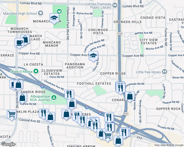 map of restaurants, bars, coffee shops, grocery stores, and more near 13120 Turquoise Avenue Northeast in Albuquerque