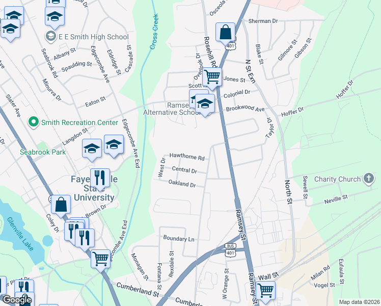 map of restaurants, bars, coffee shops, grocery stores, and more near 221 Hawthorne Road in Fayetteville