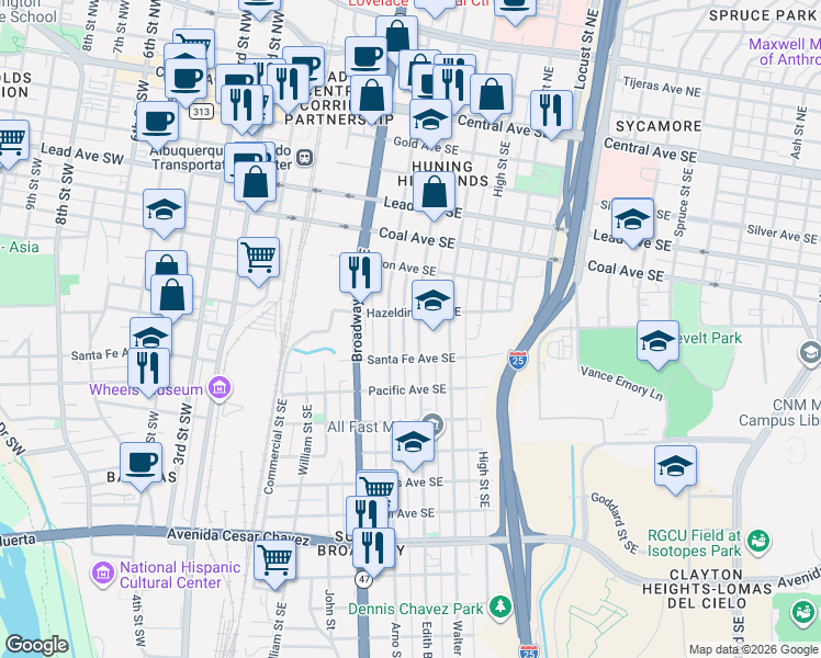 map of restaurants, bars, coffee shops, grocery stores, and more near 724 Arno Street Southeast in Albuquerque