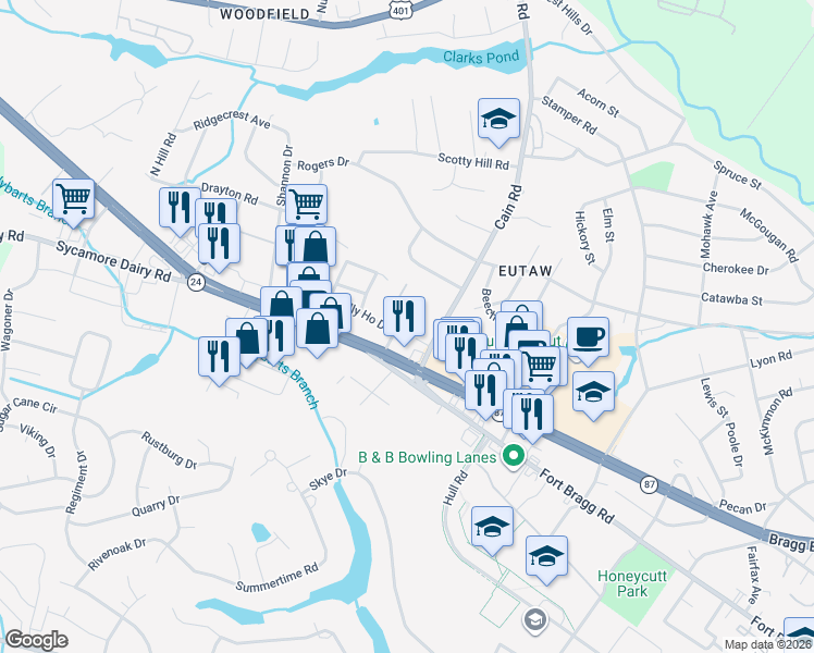map of restaurants, bars, coffee shops, grocery stores, and more near 610 Tally Drive in Fayetteville