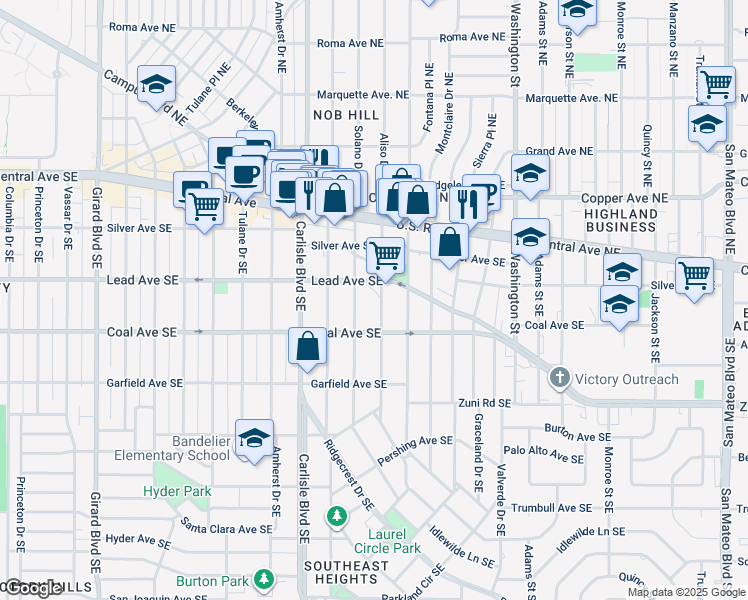 map of restaurants, bars, coffee shops, grocery stores, and more near 314 Solano Drive Southeast in Albuquerque