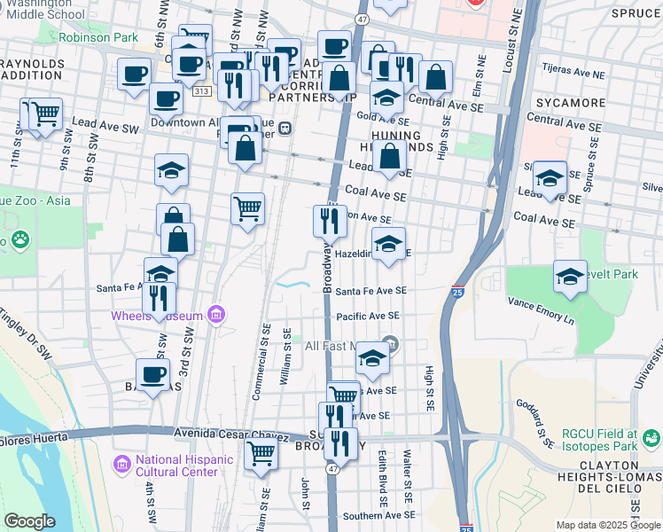map of restaurants, bars, coffee shops, grocery stores, and more near 724 Broadway Boulevard Southeast in Albuquerque