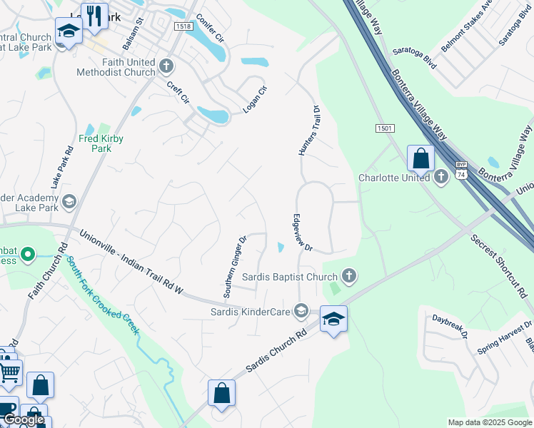 map of restaurants, bars, coffee shops, grocery stores, and more near 3608 Braefield Drive in Indian Trail