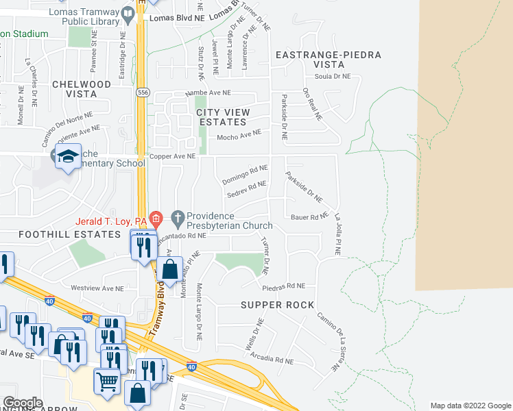 map of restaurants, bars, coffee shops, grocery stores, and more near 637 Turner Drive Northeast in Albuquerque