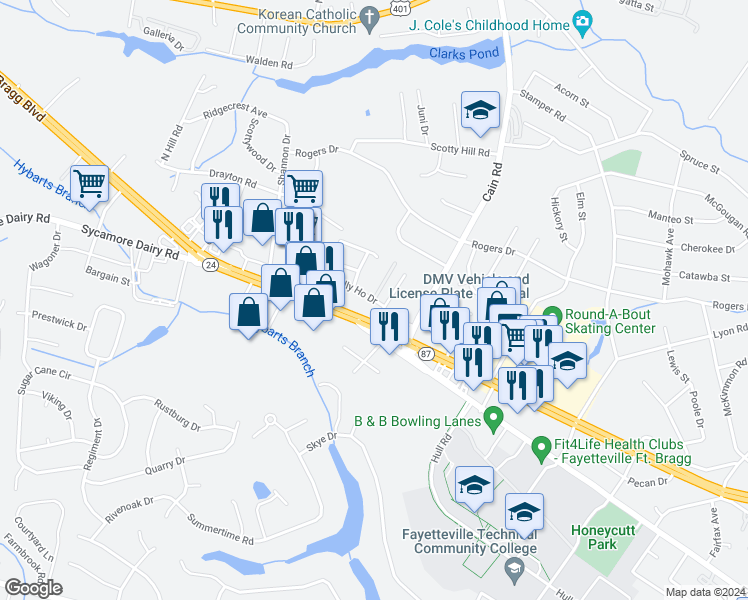 map of restaurants, bars, coffee shops, grocery stores, and more near Tally Drive in Fayetteville