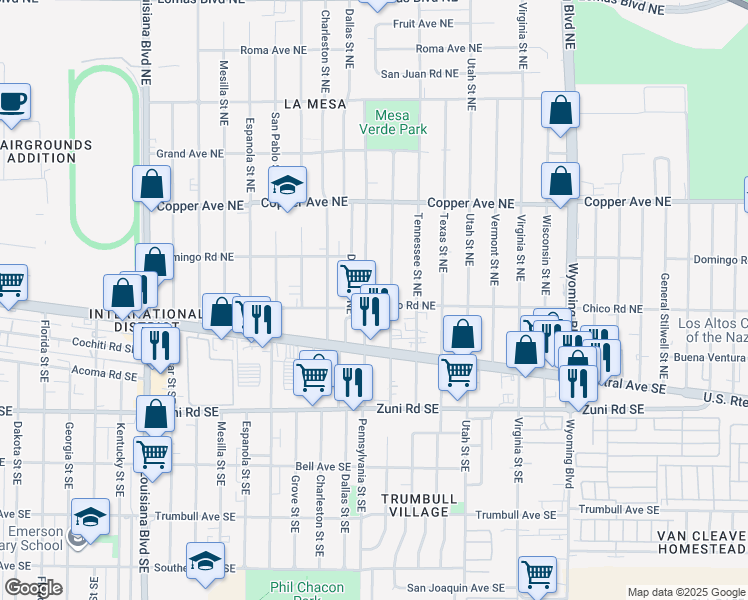 map of restaurants, bars, coffee shops, grocery stores, and more near 200 Pennsylvania Street Northeast in Albuquerque