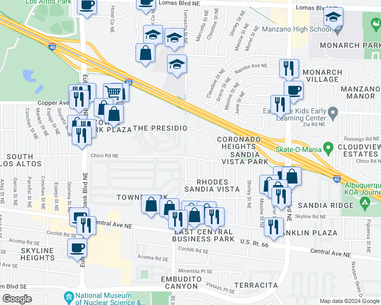 map of restaurants, bars, coffee shops, grocery stores, and more near 532 Seward Park Avenue Northeast in Albuquerque