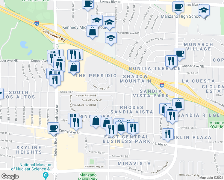 map of restaurants, bars, coffee shops, grocery stores, and more near 532 Seward Park Avenue Northeast in Albuquerque